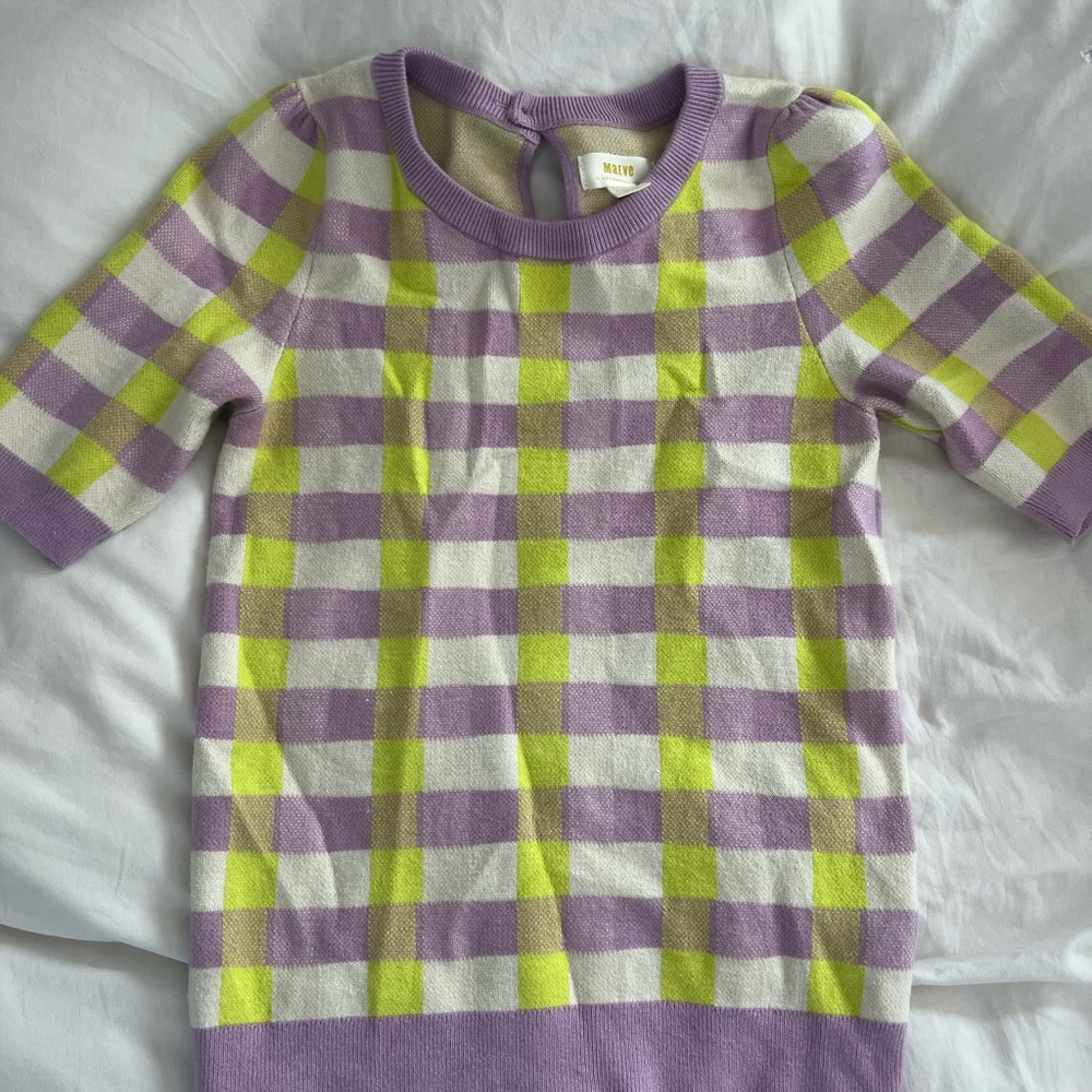 Anthropologie Maeve Purple and Lime Checkered Sweater